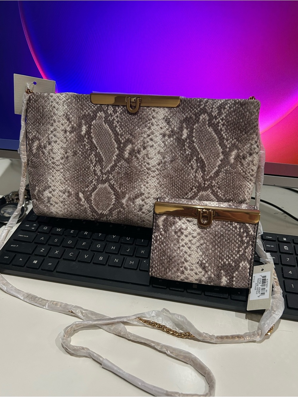 Fossil Phyton Embossed Crossbody Bag/Clutch with Matching Wallet